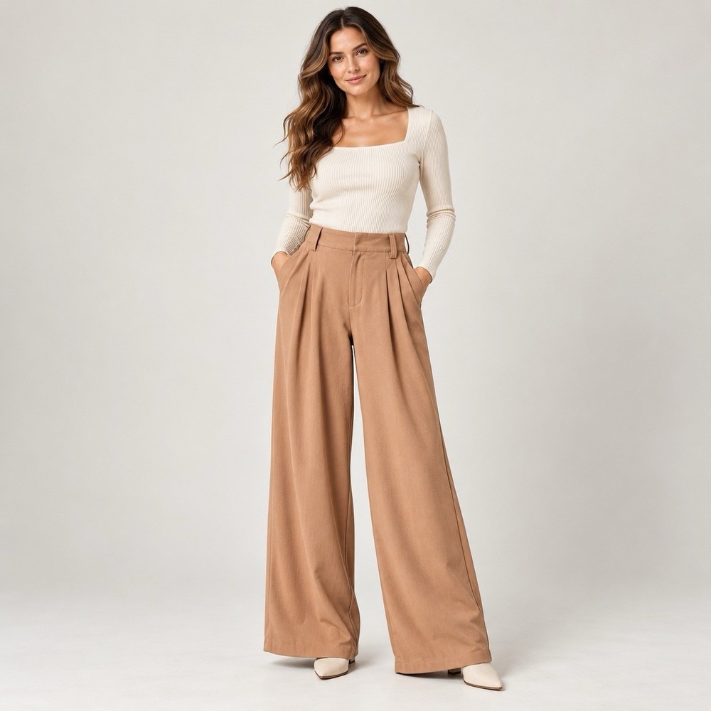 Halara Tan Wide Leg Pants M High Waist Pleated Stretch Work Trousers Office Chic